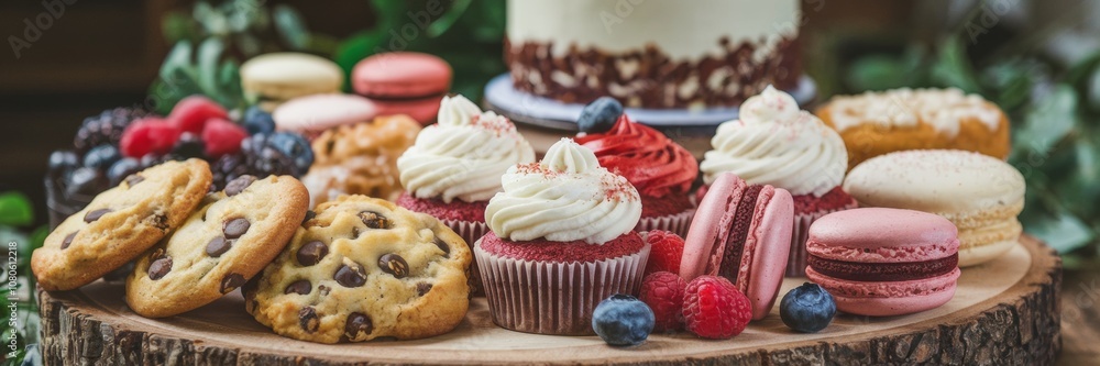 A banner with various desserts. There are chocolate chip cookies, cupcakes, pasta, donuts and cake. Desserts are laid out on a wooden board.