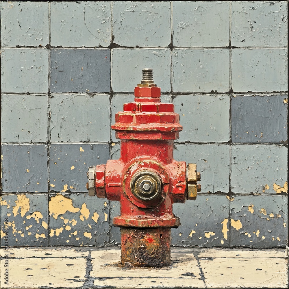 Red Fire Hydrant Against Tiled Wall - Urban Landscape Photography Red Fire Hydrant Against Tiled Wall - Urban Landscape Photography