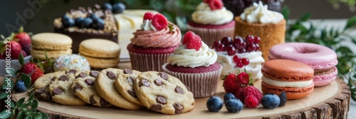 A banner with various desserts. There are chocolate chip cookies, cupcakes, pasta, donuts and cake. Desserts are laid out on a wooden board.