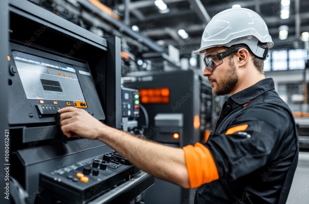 Skilled technician operates advanced machinery with precision in industrial environment