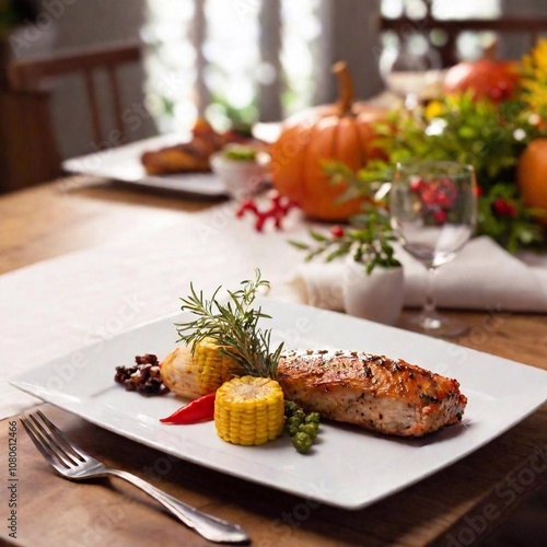 Thanksgiving dinner table setup, with a rack focus effect. The design emphasizes the harmony of the table arrangement, with detailed illustrations of each element, from the centerpiece to the side dis photo