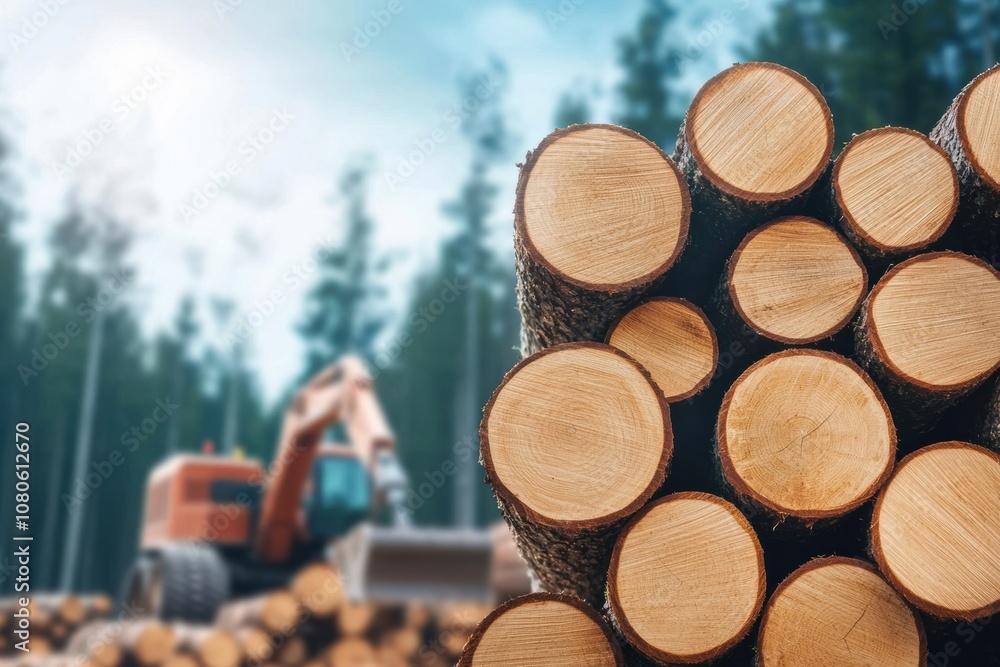 Close-up of freshly cut wooden logs stacked in a forest, with a blurred background of machinery and green trees, showcasing timber industry processes. Close-up of freshly cut wooden logs stacked in a forest, with a blurred background of machinery and green trees, showcasing timber industry processes.
