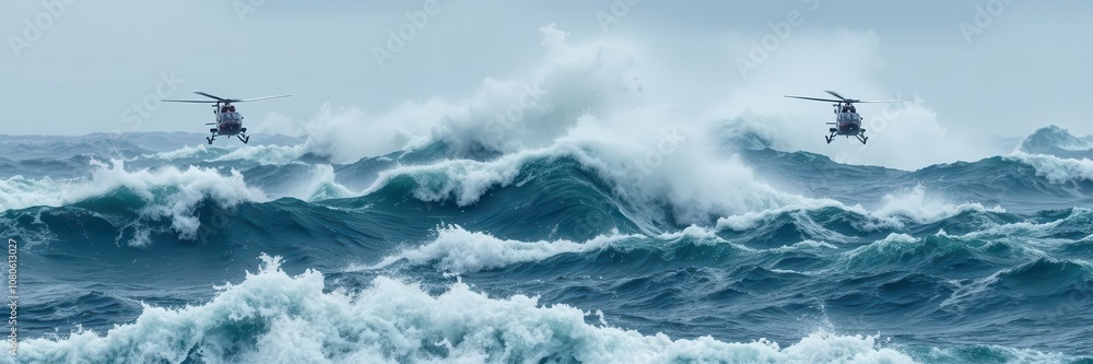 Two helicopters battling rough seas in a dramatic stormy weather setting, turbulence, rough seas Two helicopters battling rough seas in a dramatic stormy weather setting, turbulence, rough seas
