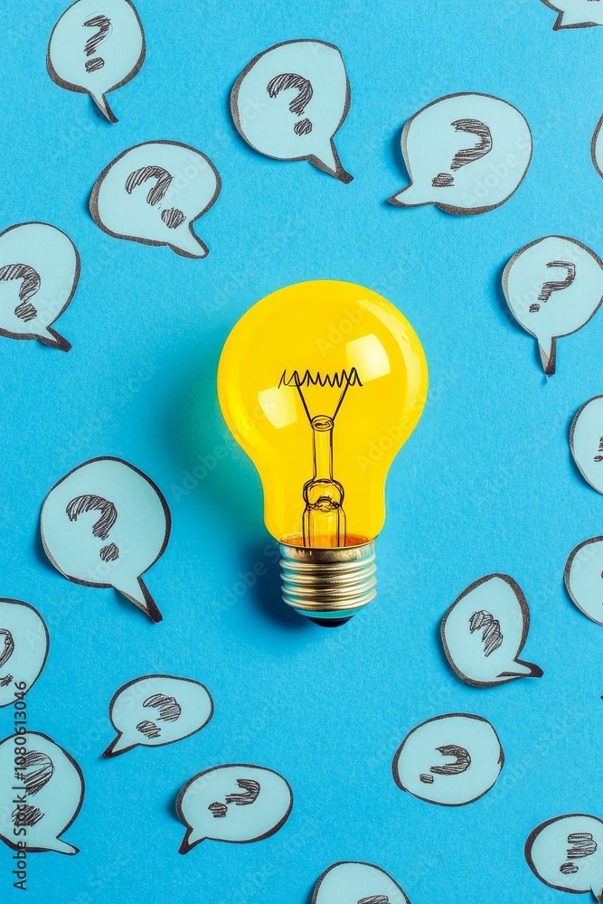 Yellow light bulb surrounded by question mark speech bubbles for online ...