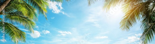 A tranquil tropical beach scene featuring lush palm trees against a bright blue sky with fluffy clouds and a shining sun.