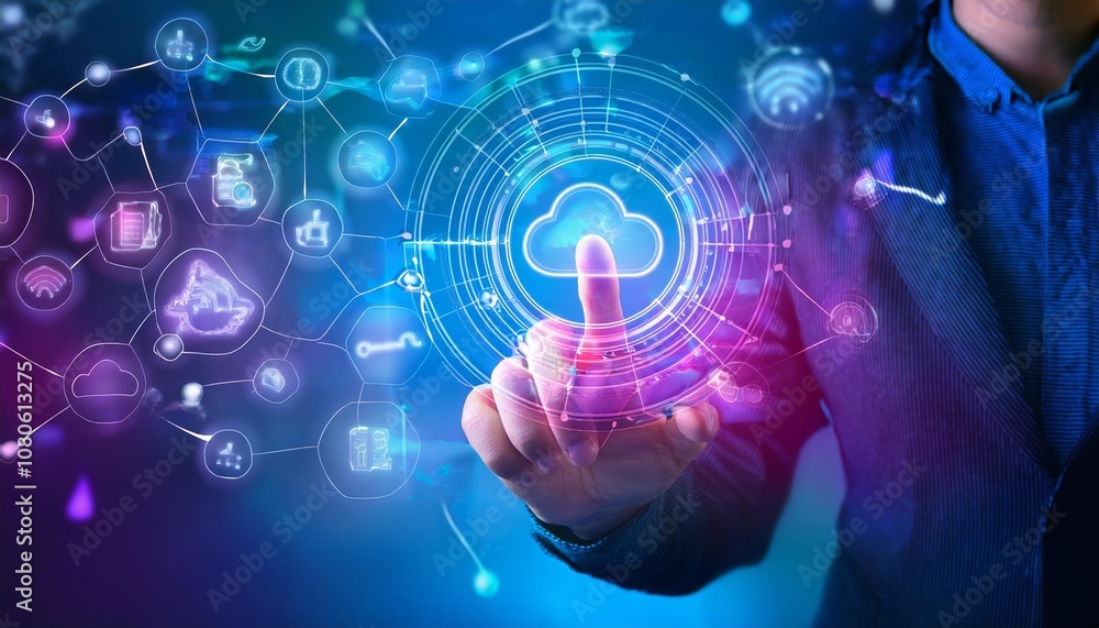 Hand touching a digital screen with icons of technology and online network connection and the cloud. Hand touching a digital screen with icons of technology and online network connection and the cloud.