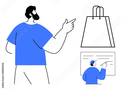 Bearded man in blue shirt pointing at a shopping bag, smaller figure of a man writing on a wall. Ideal for e-commerce, presentation, education, training, retail, teaching marketing. Line metaphor