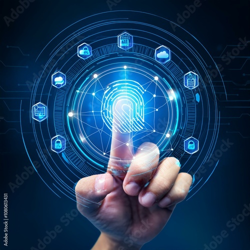 Hand touching a digital screen with icons of technology and online network connection.