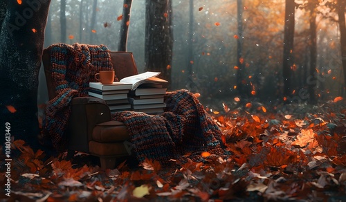 A cozy reading nook in an autumn forest, with a stack of books and a coffee cup on an armchair, a blanket draped over the chair, 