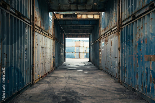 A long and narrow hallway with walls from old shipping containers. The hallway was empty and dimly lit