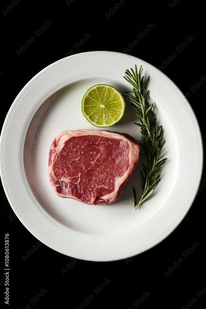 Raw ribeye steak on white plate with rosemary and lime garnish against black background Raw ribeye steak on white plate with rosemary and lime garnish against black background