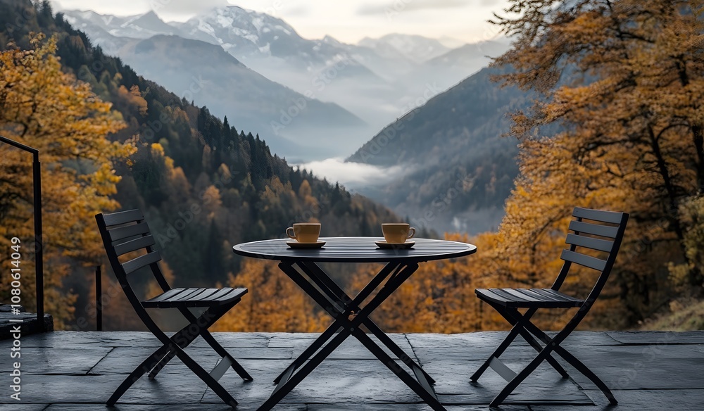An outdoor table and chairs set, with two cups of coffee on the round tabletop. The background is an autumn mountain landscape. An outdoor table and chairs set, with two cups of coffee on the round tabletop. The background is an autumn mountain landscape.