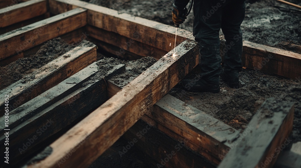 Construction worker inspecting wooden framework in a muddy construction site, focusing on the structural elements for building foundations and renovations Construction worker inspecting wooden framework in a muddy construction site, focusing on the structural elements for building foundations and renovations