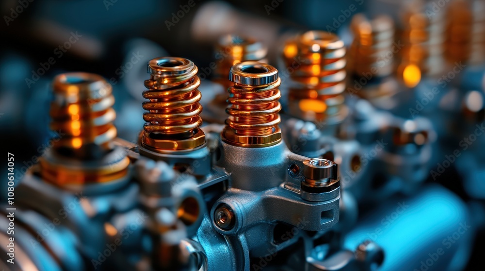 Intricate close-up of gleaming metallic engine parts featuring prominently coiled orange springs, showcasing precision engineering and mechanical sophistication. Intricate close-up of gleaming metallic engine parts featuring prominently coiled orange springs, showcasing precision engineering and mechanical sophistication.