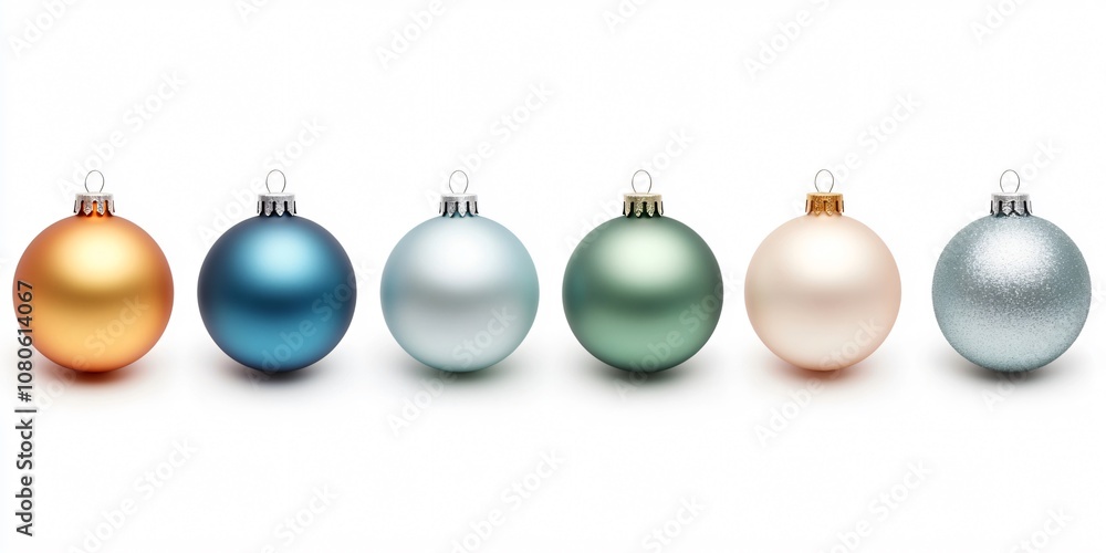 Row of six vibrant christmas ornaments against a white backdrop, perfect for adorning a christmas tree or home Row of six vibrant christmas ornaments against a white backdrop, perfect for adorning a christmas tree or home