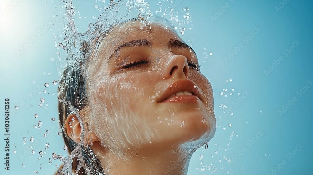 Water splash, skincare portrait or happy girl with beauty or smiling female model face Water splash, skincare portrait or happy girl with beauty or smiling female model face