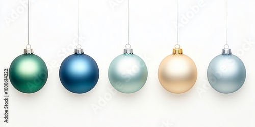 Five vibrant christmas ornaments suspended by silver threads on a snowy backdrop, setting a cheery holiday atmosphere