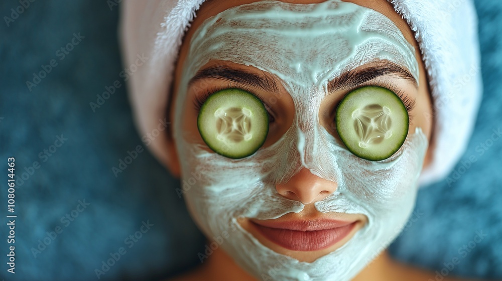 Beautiful woman with moisturized face mask of cucumber slices on face. Beautiful woman with moisturized face mask of cucumber slices on face.