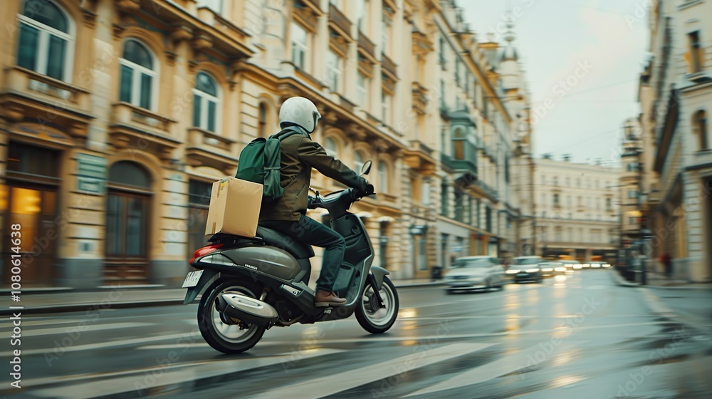 A delivery driver on a scooter rides through a European city street. A delivery driver on a scooter rides through a European city street.