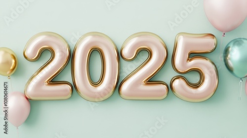 Elegant 2025 New Year Backdrop with Metallic Balloons and Pastel Tones