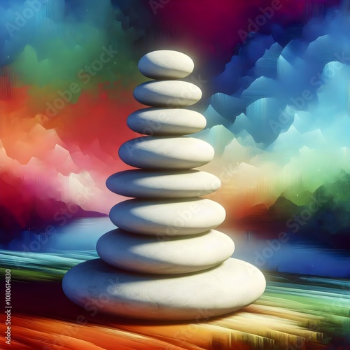 A stack of white stones in a zen-like arrangement, against a colorful, abstract landscape. photo