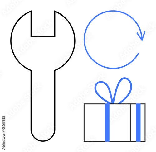 Wrench, circular arrow, gift box with bow. Ideal for maintenance, repair services, warranties, customer returns, rewards programs gifts customer support. Line metaphor