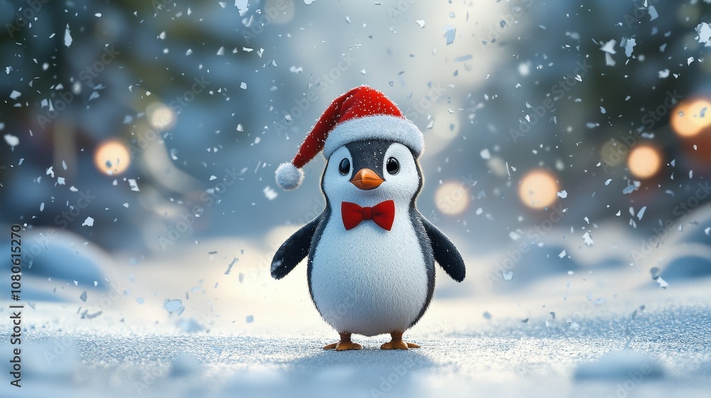 Festive Penguin Wearing Santa Hat in Snowy Winter Wonderland Festive Penguin Wearing Santa Hat in Snowy Winter Wonderland