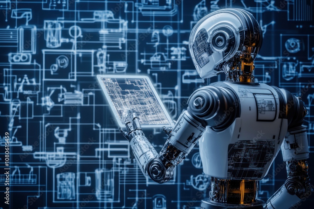 A futuristic robot analyzing data on a digital display against a tech background. A futuristic robot analyzing data on a digital display against a tech background.