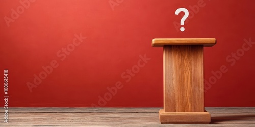 Question Mark on Wooden Podium Against Red Background, Concept of Uncertainty and Decision Making