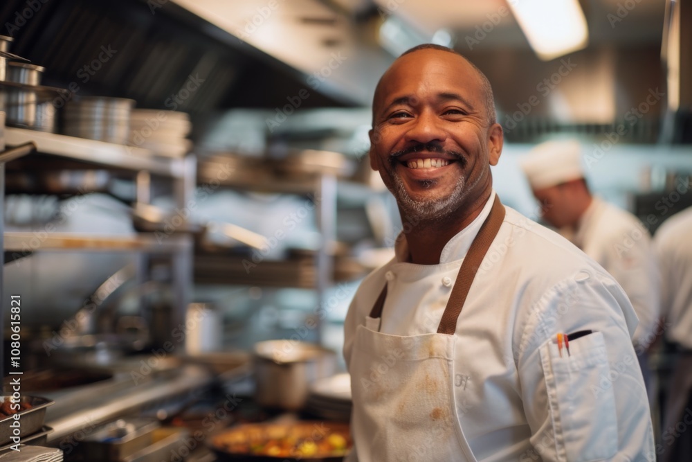 Fototapeta premium Portrait of a smiling American chef in restaurant kitchen