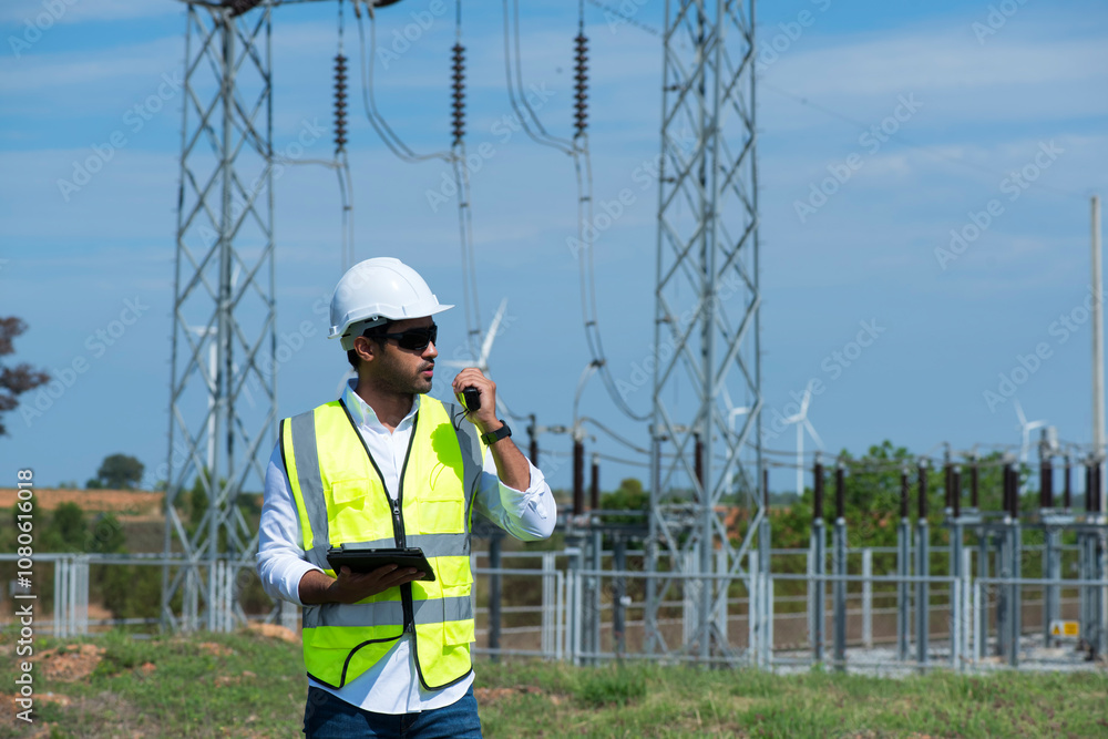 Male engineers against substation on wind turbine farm. Male engineers against substation on wind turbine farm.