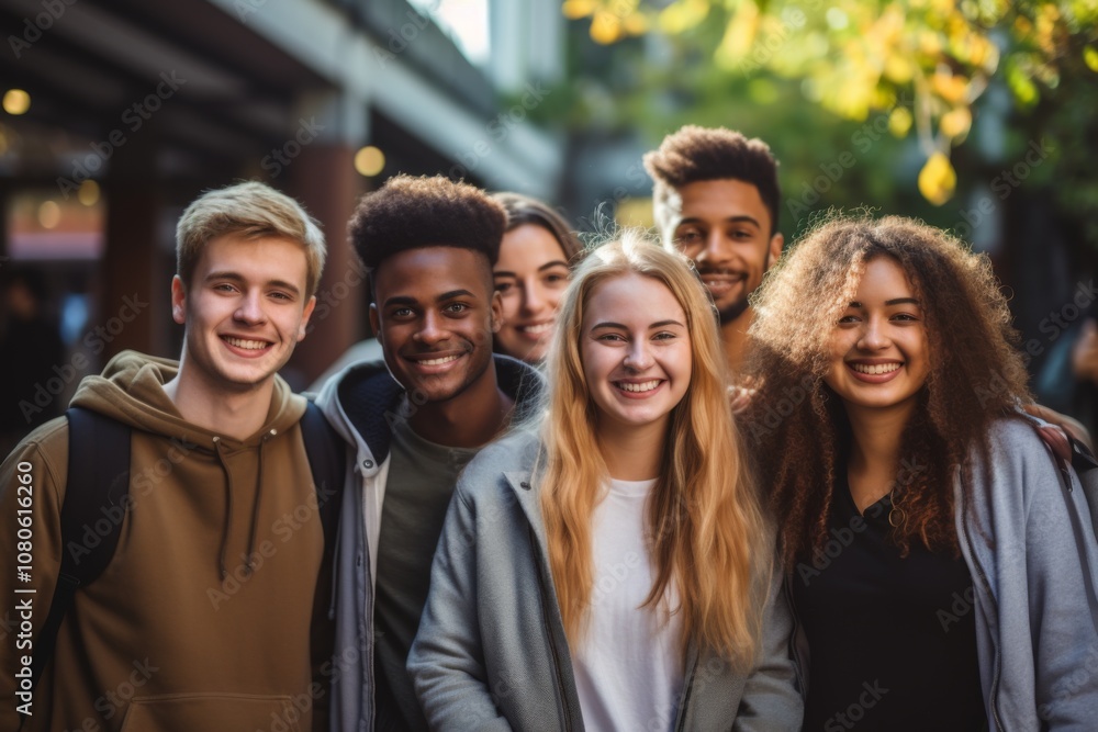Portrait of a smiling diverse group of students on college campus Portrait of a smiling diverse group of students on college campus