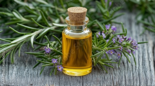 Rosemary essential oil in a glass bottle with fresh sprigs and flowers