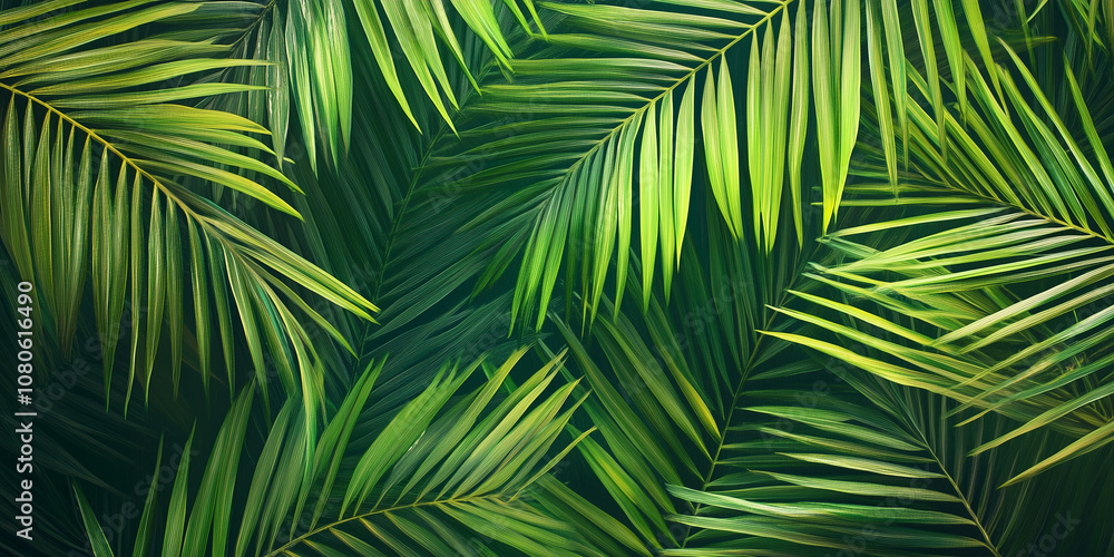 Summer concept. Palm tree branches with leaves for creative frame border isolated on dark green background, flat lay design, top view Summer concept. Palm tree branches with leaves for creative frame border isolated on dark green background, flat lay design, top view
