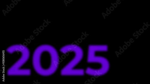 The inscription 2025 shimmering  in pink and purple colors appearing on a black background. New Year's motive. New Year. Lettering, calligraphy. Video art graphic