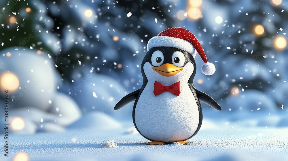 Festive Penguin Wearing Santa Hat in Snowy Winter Wonderland Festive Penguin Wearing Santa Hat in Snowy Winter Wonderland