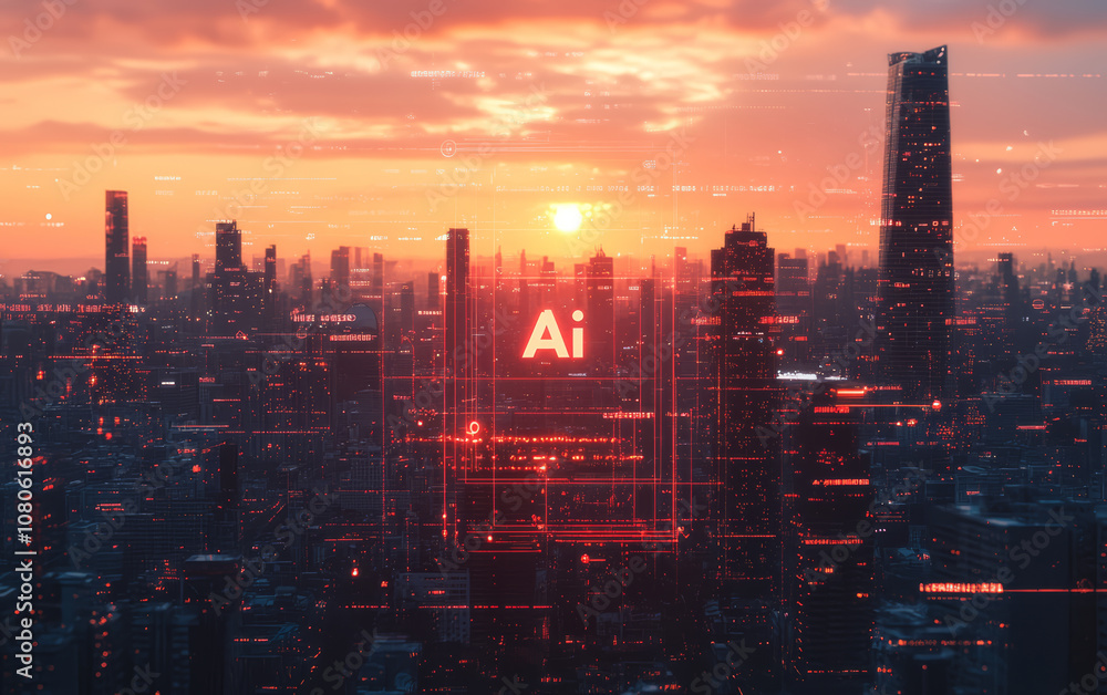 Fototapeta premium Modern urban architecture and Ai artificial intelligence technology theme background 