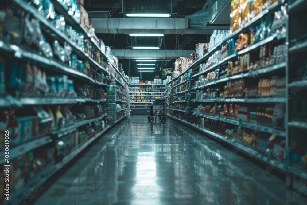 Fototapeta premium Long and bright supermarket aisle showcasing a wide selection of products