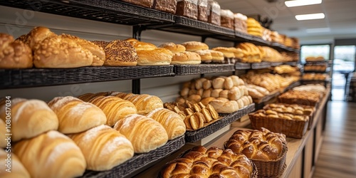 Obraz na płótnie A fresh and inviting bakery display with a variety of artisanal bread and baked goods, showcasing loaves, rolls, and pastries on wooden shelves w salonie