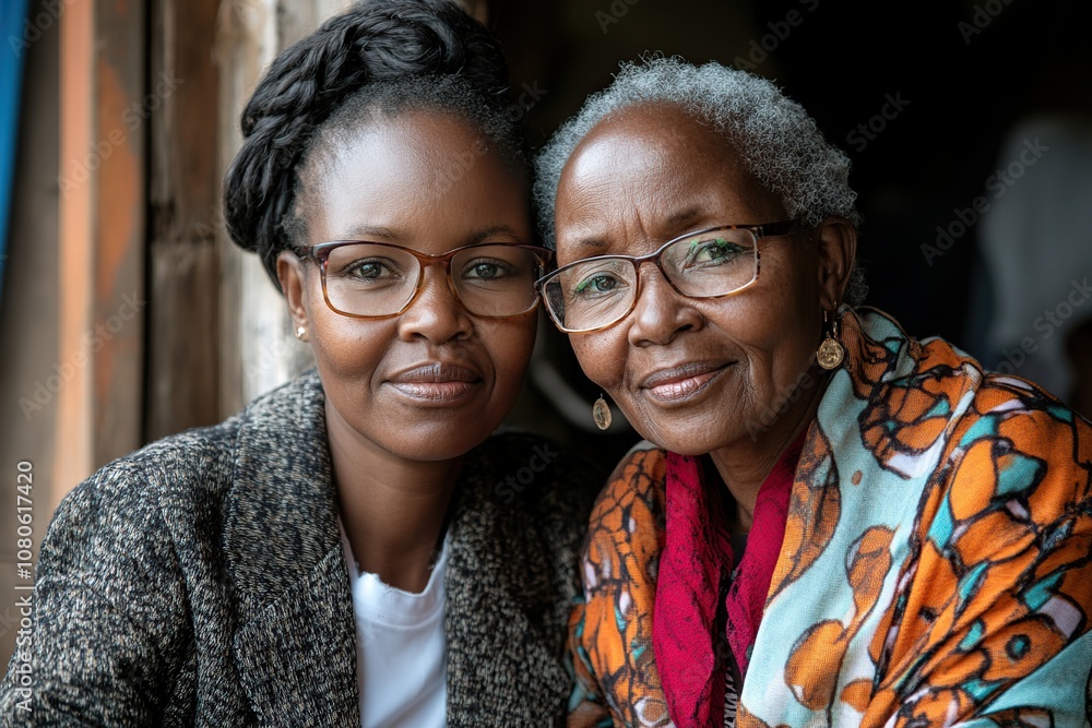 Two African women, one young and one older, wearing glasses and smiling at the camera. Two African women, one young and one older, wearing glasses and smiling at the camera.