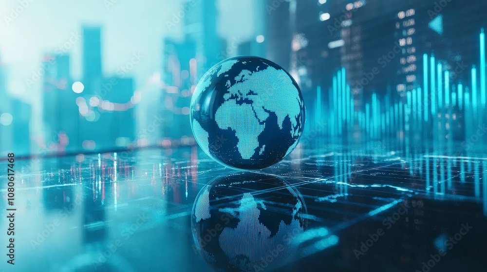 A 3D globe reflects vibrant city skyscrapers and stock market trends, highlighting the nexus of world economy and urban development in a futuristic setting. A 3D globe reflects vibrant city skyscrapers and stock market trends, highlighting the nexus of world economy and urban development in a futuristic setting.