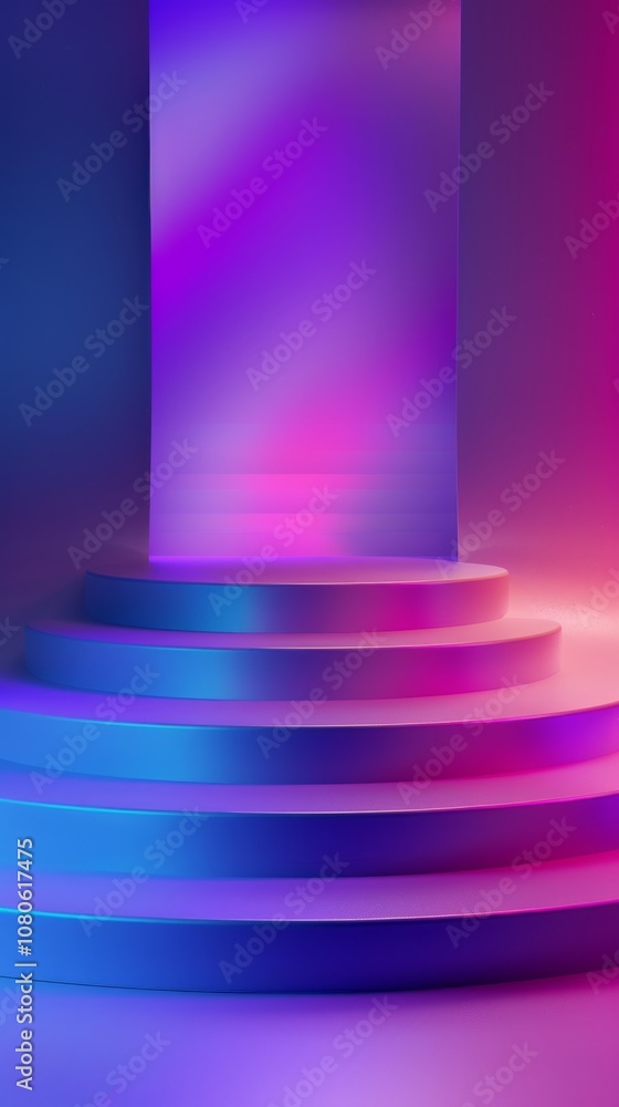 Obraz premium Abstract image of a neon-lit staircase with a vibrant gradient, perfect for modern design and creative projects.