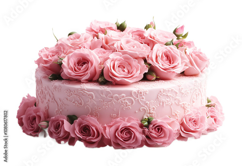 Pink wedding cake adorned with pink roses on a white background. isolated background.