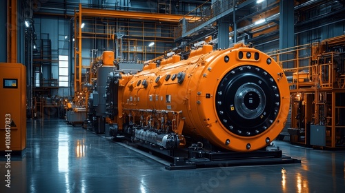 The interior of a modern industrial facility showcasing a large, vibrant orange cylindrical machine, surrounded by intricate metal structures, reflecting the advancements in engineering and