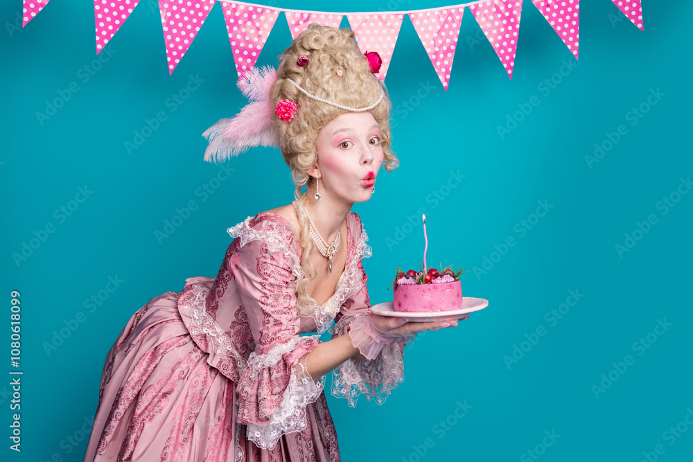 © deagreez - Photo of pretty cute princess medieval lady dressed victorian era garment birthday cake isolated on blue color background © deagreez - Photo of pretty cute princess medieval lady dressed victorian era garment birthday cake isolated on blue color background