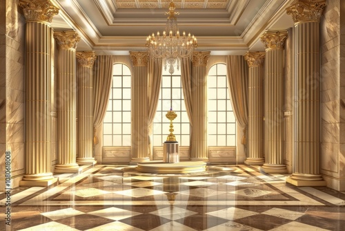 Elegant grand hall featuring marble floors  golden columns  and a central chandelier  bathed in natural light from tall windows.