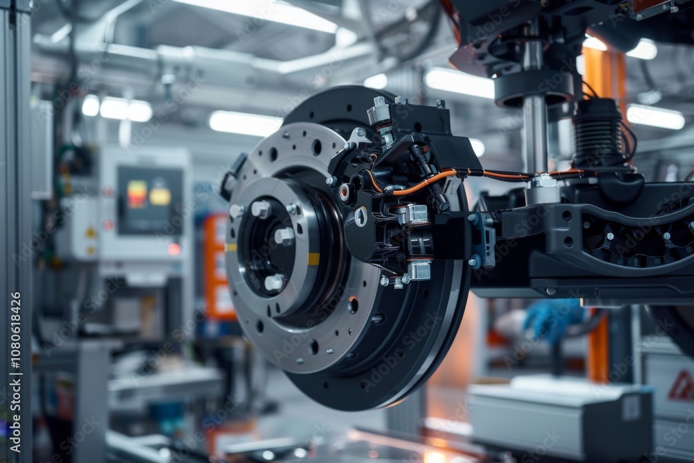 Close up of a technician working on an electric car brake Close up of a technician working on an electric car brake