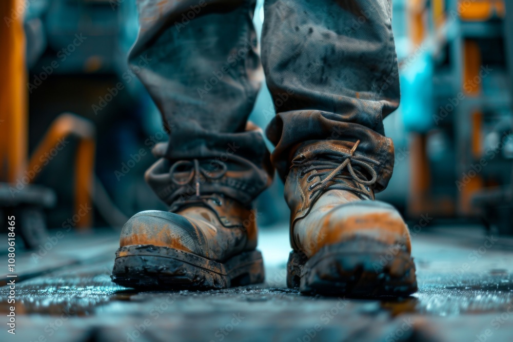 Close up of safety workers shoes in factory Close up of safety workers shoes in factory