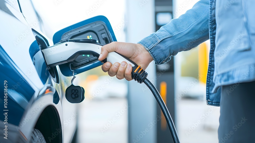Electric Vehicle Charging Driver Hands Plugging In Charger at Modern EV Station - Close-Up of Charging Handle and EV Port with Blurred Background for Realistic Detail Electric Vehicle Charging Driver Hands Plugging In Charger at Modern EV Station - Close-Up of Charging Handle and EV Port with Blurred Background for Realistic Detail