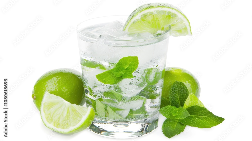 A Refreshing Mojito Cocktail Drink Standing Alone on a Crisp White Background. A Tantalizing and Invigorating Beverage in a Simple Setting. A Refreshing Mojito Cocktail Drink Standing Alone on a Crisp White Background. A Tantalizing and Invigorating Beverage in a Simple Setting.